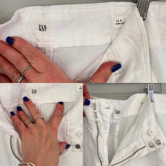 Women Gap White cotton / linen Wide Leg Pants  SZ 14 R zip hook closure 4 pocket - Picture 3 of 5
